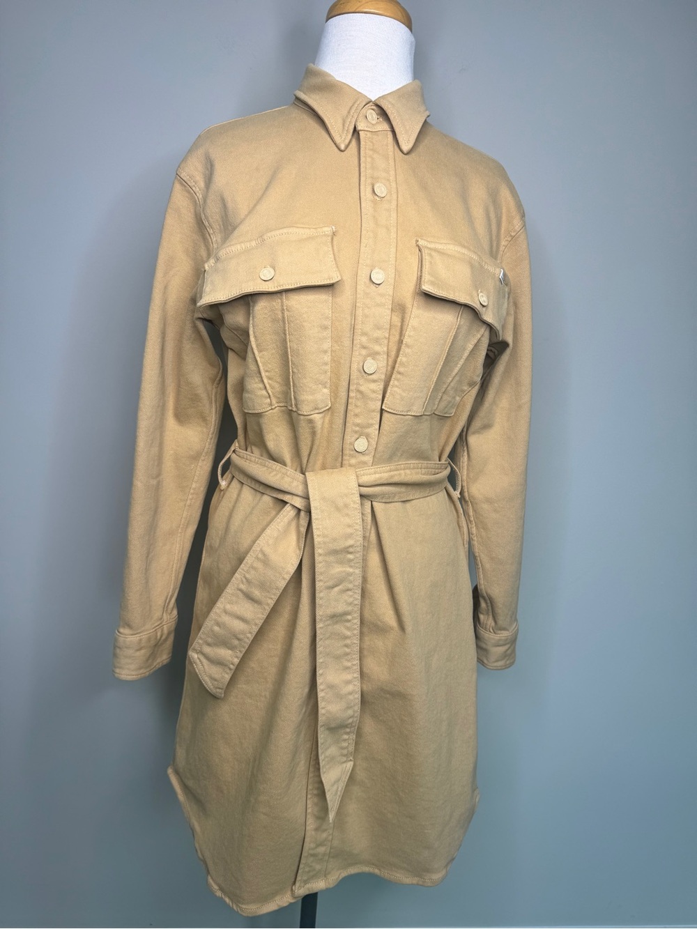 MOTHER Tan Long-Sleeve Belted Shirt Dress Utility Minimalist Size Small